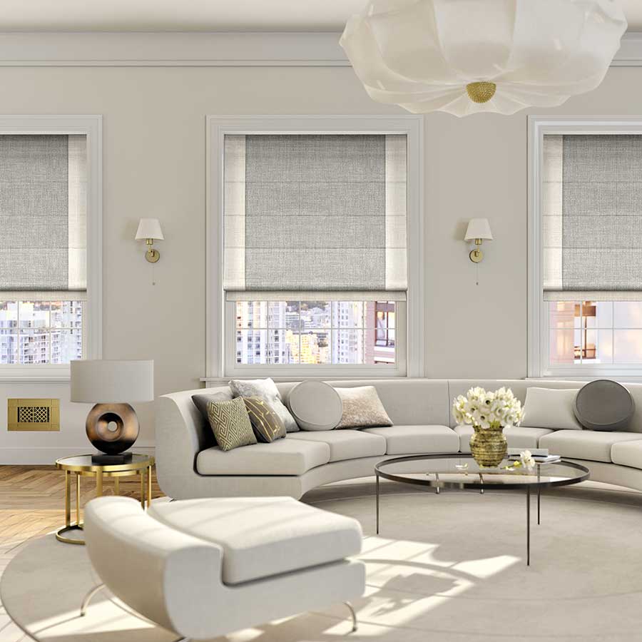 modern roomset of a grey and cream roman blind in a living room