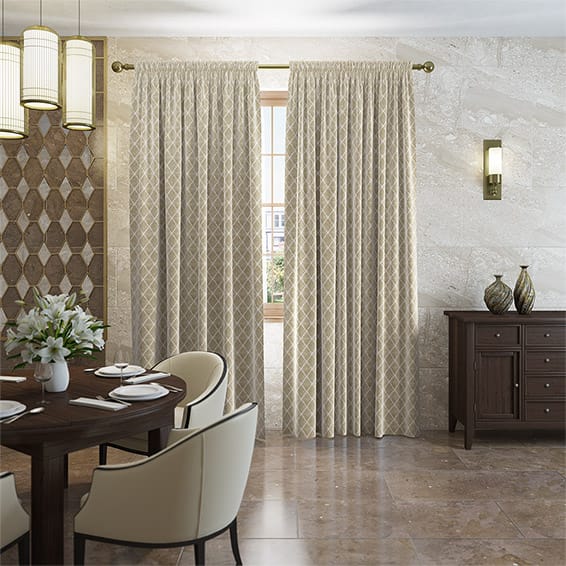 modern roomset of patterned curtains in a luxurious dining room
